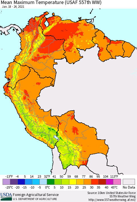 Northern South America Mean Maximum Temperature (USAF 557th WW) Thematic Map For 1/18/2021 - 1/24/2021