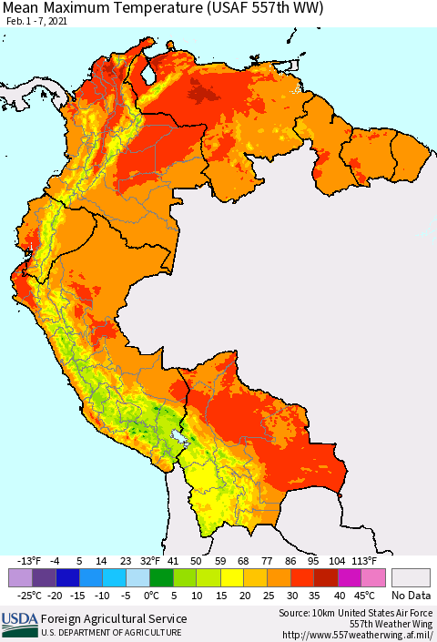 Northern South America Mean Maximum Temperature (USAF 557th WW) Thematic Map For 2/1/2021 - 2/7/2021