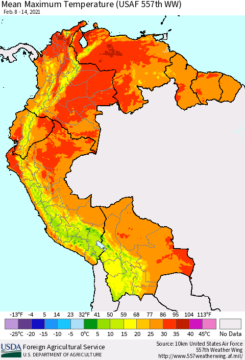 Northern South America Mean Maximum Temperature (USAF 557th WW) Thematic Map For 2/8/2021 - 2/14/2021