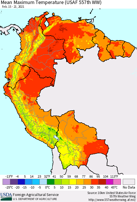 Northern South America Mean Maximum Temperature (USAF 557th WW) Thematic Map For 2/15/2021 - 2/21/2021