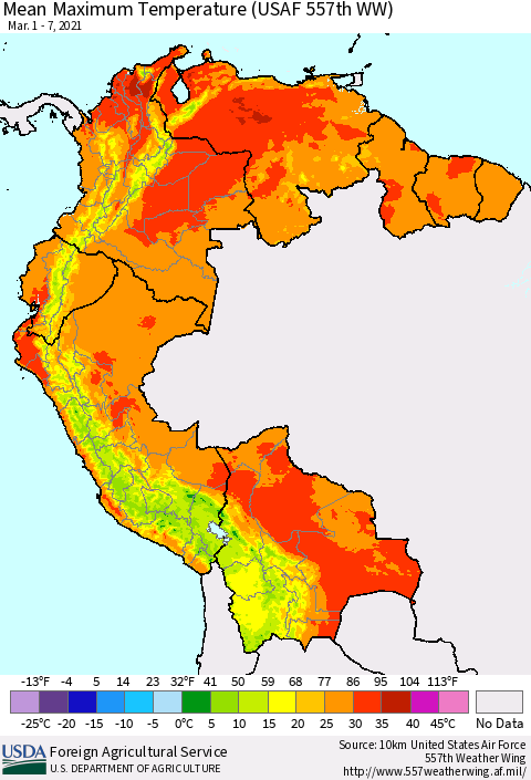 Northern South America Mean Maximum Temperature (USAF 557th WW) Thematic Map For 3/1/2021 - 3/7/2021