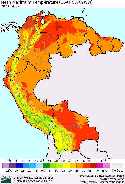 Northern South America Mean Maximum Temperature (USAF 557th WW) Thematic Map For 3/8/2021 - 3/14/2021