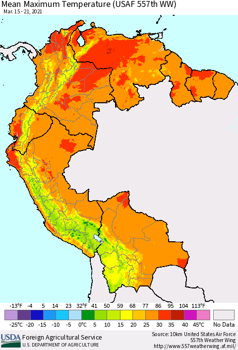 Northern South America Mean Maximum Temperature (USAF 557th WW) Thematic Map For 3/15/2021 - 3/21/2021