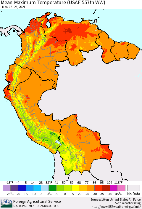 Northern South America Mean Maximum Temperature (USAF 557th WW) Thematic Map For 3/22/2021 - 3/28/2021
