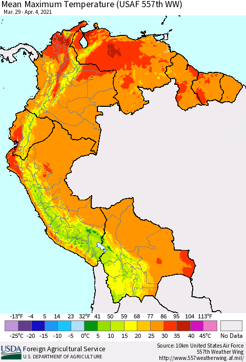 Northern South America Mean Maximum Temperature (USAF 557th WW) Thematic Map For 3/29/2021 - 4/4/2021