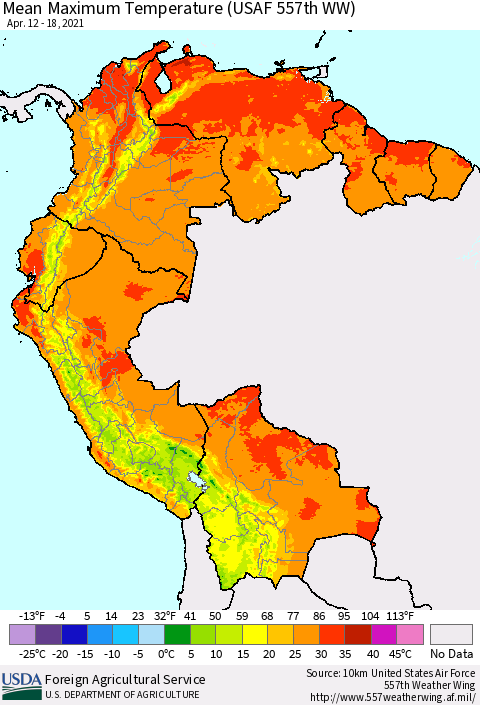 Northern South America Mean Maximum Temperature (USAF 557th WW) Thematic Map For 4/12/2021 - 4/18/2021