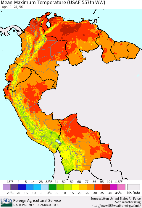Northern South America Mean Maximum Temperature (USAF 557th WW) Thematic Map For 4/19/2021 - 4/25/2021