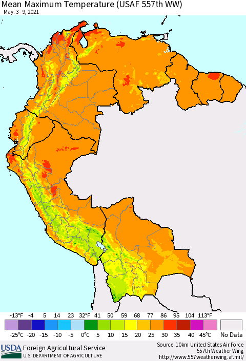 Northern South America Mean Maximum Temperature (USAF 557th WW) Thematic Map For 5/3/2021 - 5/9/2021