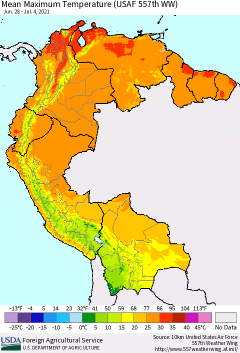 Northern South America Mean Maximum Temperature (USAF 557th WW) Thematic Map For 6/28/2021 - 7/4/2021