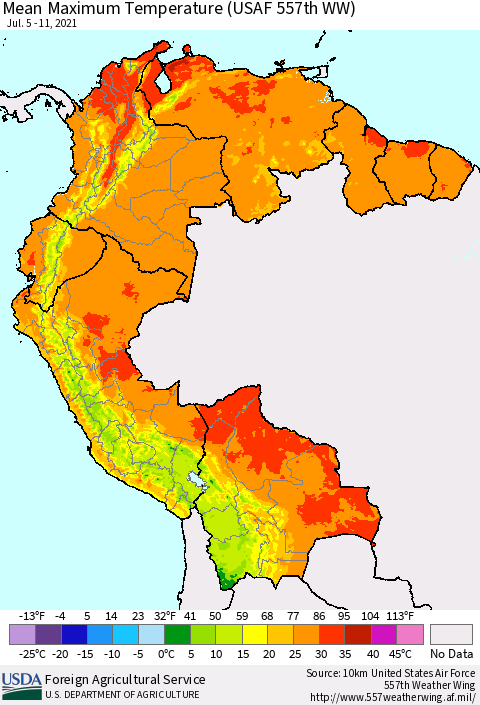 Northern South America Mean Maximum Temperature (USAF 557th WW) Thematic Map For 7/5/2021 - 7/11/2021