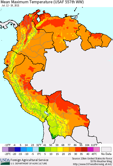 Northern South America Mean Maximum Temperature (USAF 557th WW) Thematic Map For 7/12/2021 - 7/18/2021