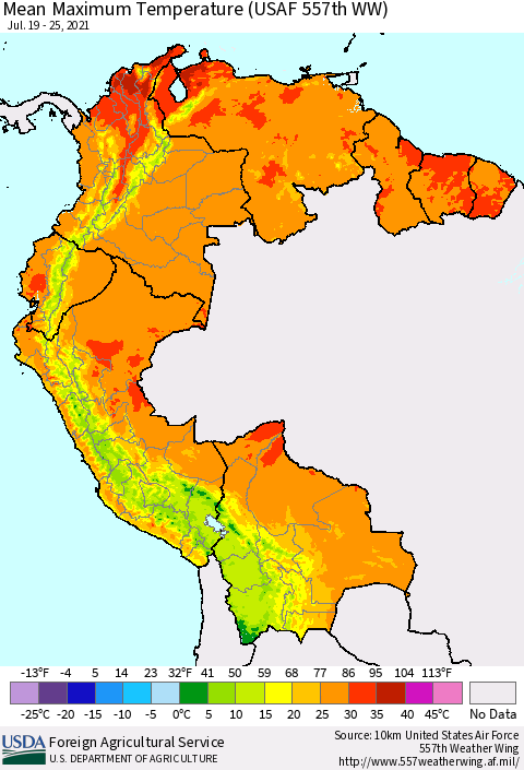 Northern South America Mean Maximum Temperature (USAF 557th WW) Thematic Map For 7/19/2021 - 7/25/2021