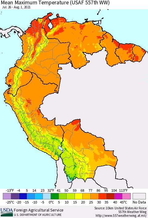 Northern South America Mean Maximum Temperature (USAF 557th WW) Thematic Map For 7/26/2021 - 8/1/2021