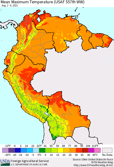 Northern South America Mean Maximum Temperature (USAF 557th WW) Thematic Map For 8/2/2021 - 8/8/2021