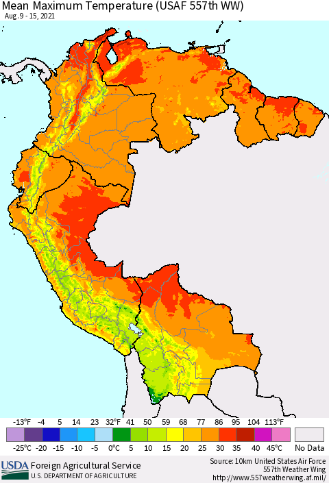 Northern South America Mean Maximum Temperature (USAF 557th WW) Thematic Map For 8/9/2021 - 8/15/2021