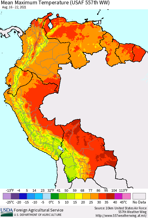 Northern South America Mean Maximum Temperature (USAF 557th WW) Thematic Map For 8/16/2021 - 8/22/2021