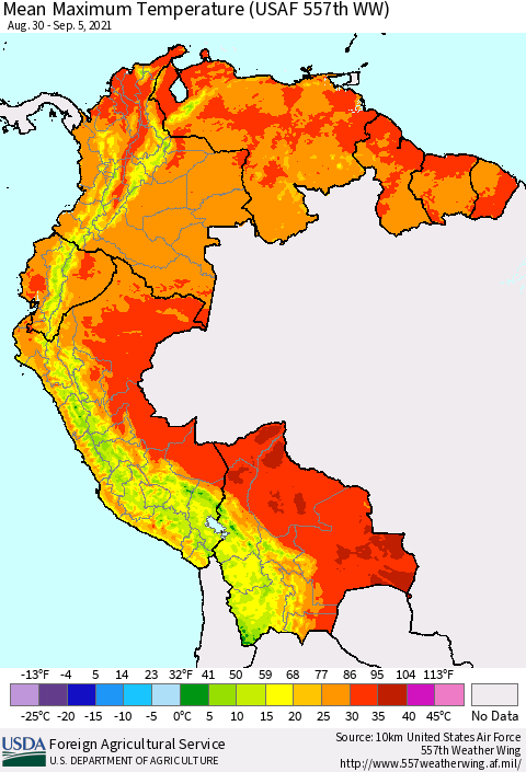 Northern South America Mean Maximum Temperature (USAF 557th WW) Thematic Map For 8/30/2021 - 9/5/2021