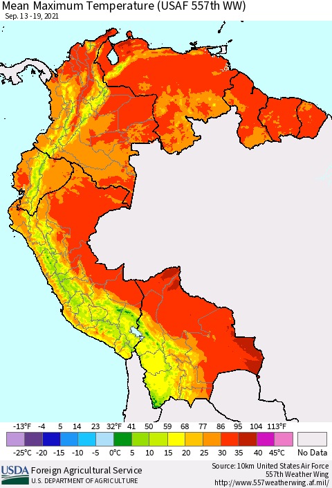 Northern South America Mean Maximum Temperature (USAF 557th WW) Thematic Map For 9/13/2021 - 9/19/2021