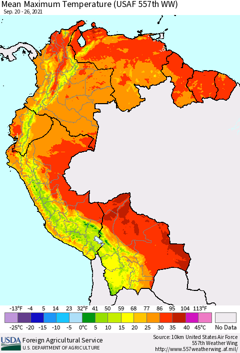 Northern South America Mean Maximum Temperature (USAF 557th WW) Thematic Map For 9/20/2021 - 9/26/2021