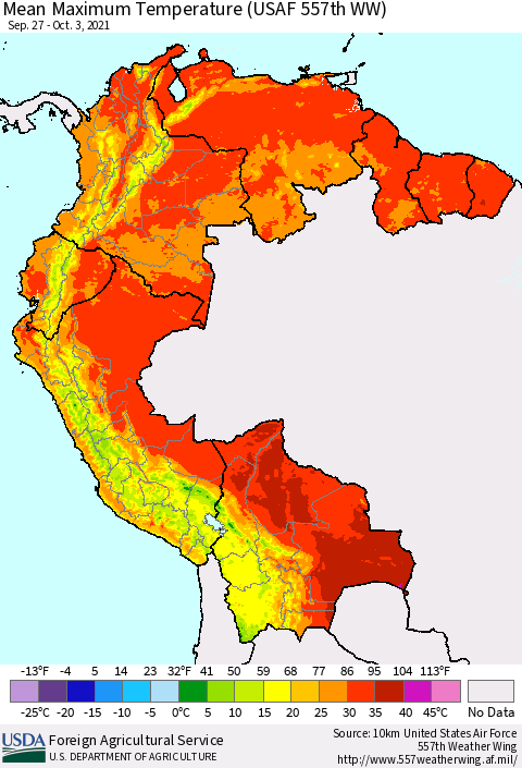 Northern South America Mean Maximum Temperature (USAF 557th WW) Thematic Map For 9/27/2021 - 10/3/2021