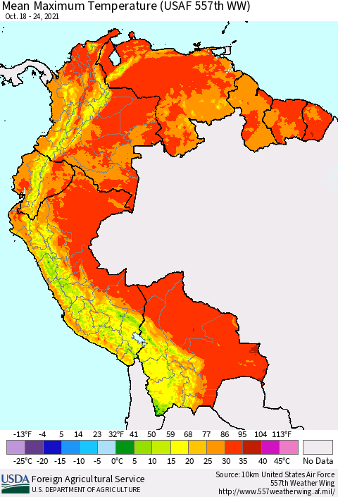 Northern South America Mean Maximum Temperature (USAF 557th WW) Thematic Map For 10/18/2021 - 10/24/2021