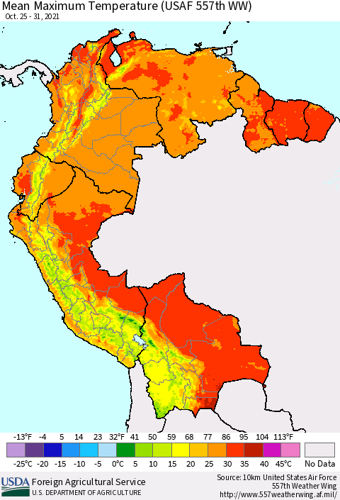 Northern South America Mean Maximum Temperature (USAF 557th WW) Thematic Map For 10/25/2021 - 10/31/2021
