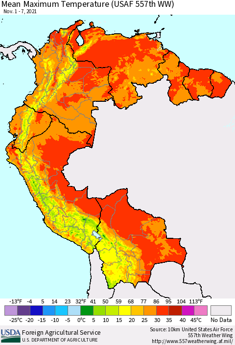 Northern South America Maximum Temperature (USAF 557th WW) Thematic Map For 11/1/2021 - 11/7/2021