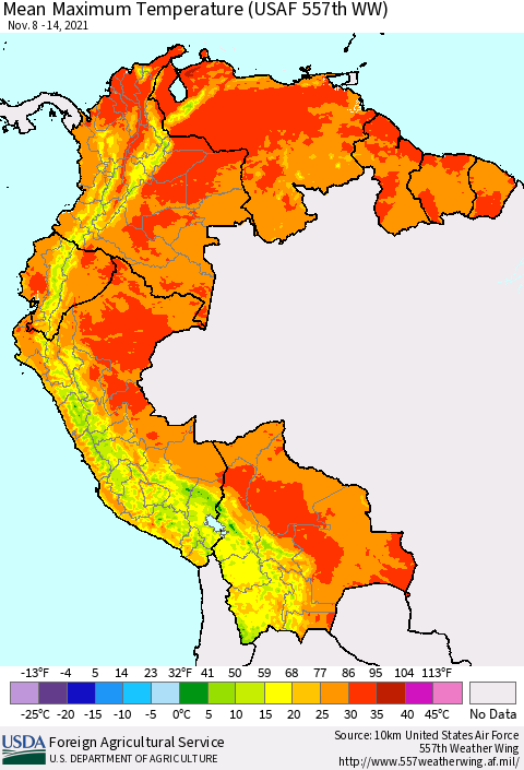 Northern South America Mean Maximum Temperature (USAF 557th WW) Thematic Map For 11/8/2021 - 11/14/2021