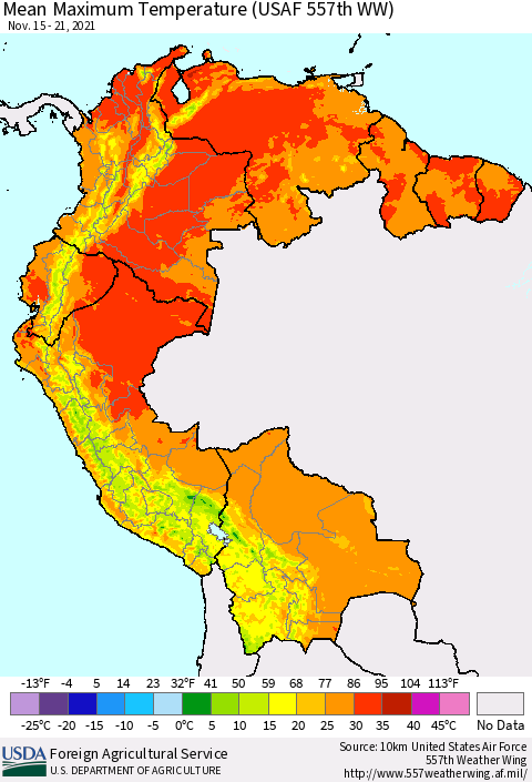 Northern South America Maximum Temperature (USAF 557th WW) Thematic Map For 11/15/2021 - 11/21/2021