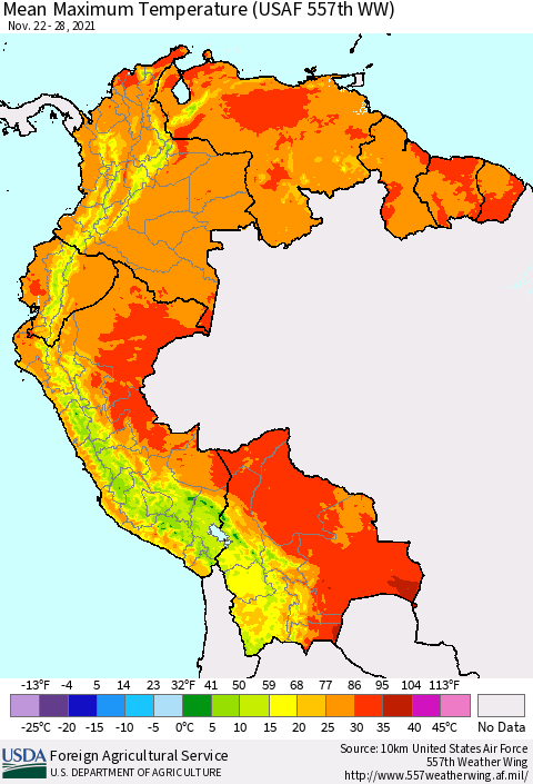 Northern South America Maximum Temperature (USAF 557th WW) Thematic Map For 11/22/2021 - 11/28/2021
