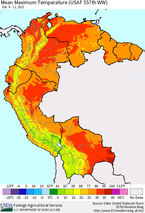 Northern South America Mean Maximum Temperature (USAF 557th WW) Thematic Map For 12/6/2021 - 12/12/2021