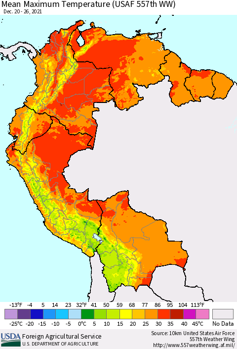 Northern South America Maximum Temperature (USAF 557th WW) Thematic Map For 12/20/2021 - 12/26/2021