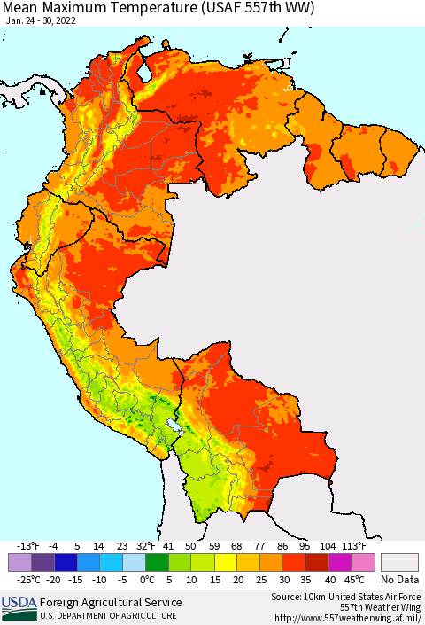 Northern South America Maximum Temperature (USAF 557th WW) Thematic Map For 1/24/2022 - 1/30/2022