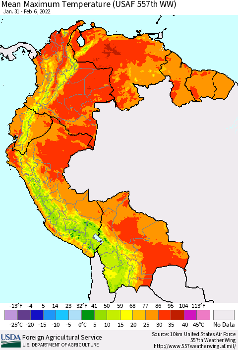 Northern South America Maximum Temperature (USAF 557th WW) Thematic Map For 1/31/2022 - 2/6/2022