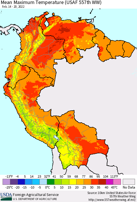 Northern South America Maximum Temperature (USAF 557th WW) Thematic Map For 2/14/2022 - 2/20/2022