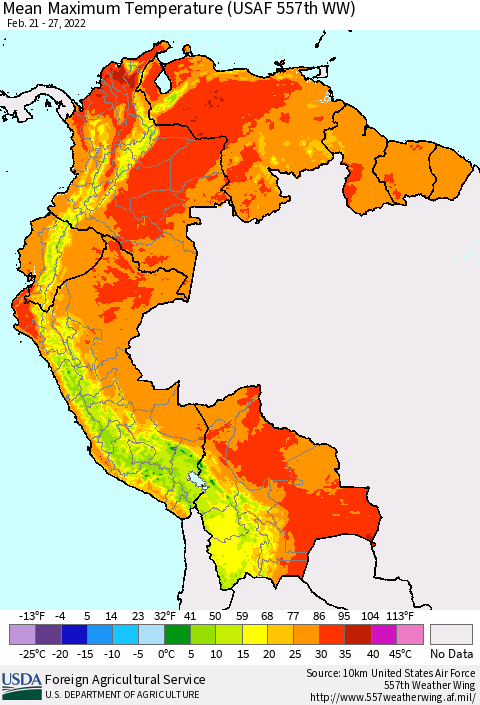Northern South America Mean Maximum Temperature (USAF 557th WW) Thematic Map For 2/21/2022 - 2/27/2022