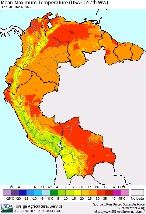 Northern South America Maximum Temperature (USAF 557th WW) Thematic Map For 2/28/2022 - 3/6/2022