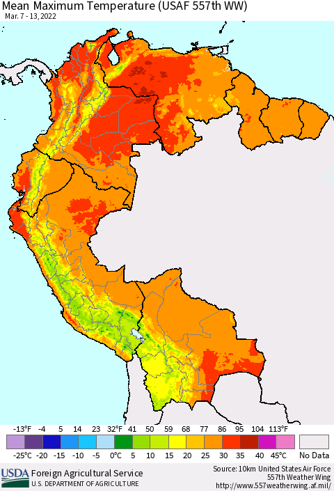 Northern South America Mean Maximum Temperature (USAF 557th WW) Thematic Map For 3/7/2022 - 3/13/2022