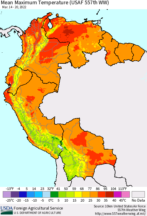 Northern South America Mean Maximum Temperature (USAF 557th WW) Thematic Map For 3/14/2022 - 3/20/2022