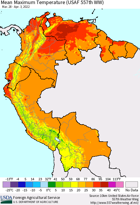 Northern South America Maximum Temperature (USAF 557th WW) Thematic Map For 3/28/2022 - 4/3/2022