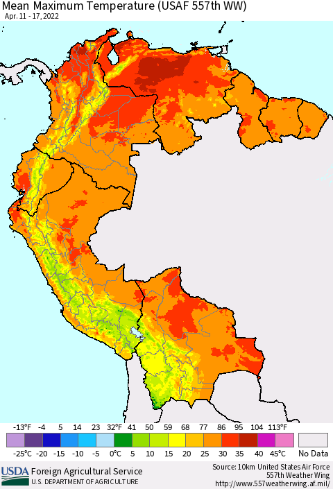 Northern South America Mean Maximum Temperature (USAF 557th WW) Thematic Map For 4/11/2022 - 4/17/2022