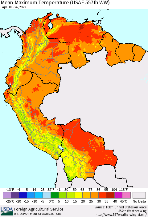 Northern South America Maximum Temperature (USAF 557th WW) Thematic Map For 4/18/2022 - 4/24/2022