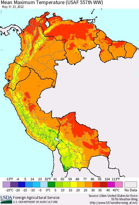 Northern South America Maximum Temperature (USAF 557th WW) Thematic Map For 5/9/2022 - 5/15/2022
