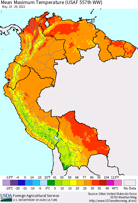 Northern South America Mean Maximum Temperature (USAF 557th WW) Thematic Map For 5/23/2022 - 5/29/2022