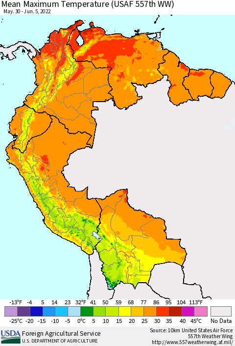 Northern South America Maximum Temperature (USAF 557th WW) Thematic Map For 5/30/2022 - 6/5/2022