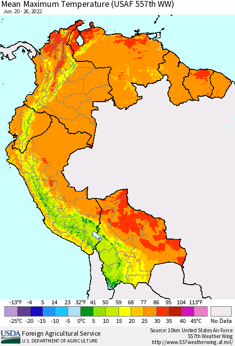 Northern South America Maximum Temperature (USAF 557th WW) Thematic Map For 6/20/2022 - 6/26/2022