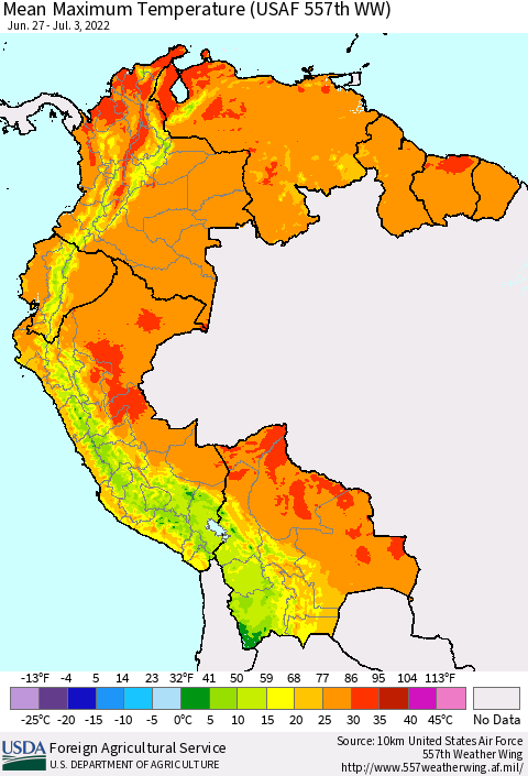 Northern South America Mean Maximum Temperature (USAF 557th WW) Thematic Map For 6/27/2022 - 7/3/2022