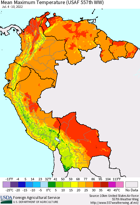 Northern South America Mean Maximum Temperature (USAF 557th WW) Thematic Map For 7/4/2022 - 7/10/2022
