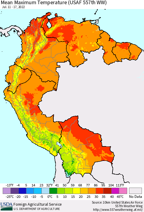 Northern South America Maximum Temperature (USAF 557th WW) Thematic Map For 7/11/2022 - 7/17/2022