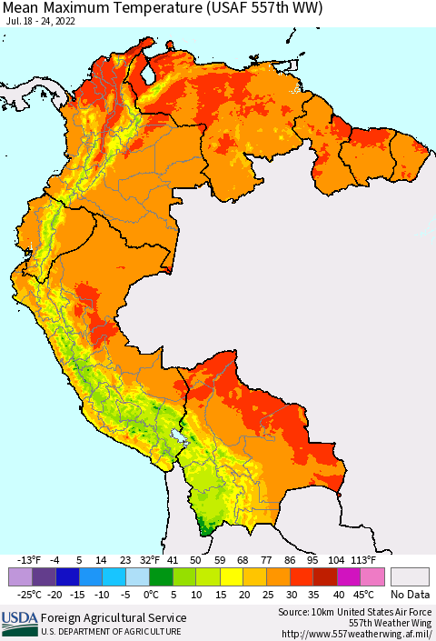 Northern South America Maximum Temperature (USAF 557th WW) Thematic Map For 7/18/2022 - 7/24/2022